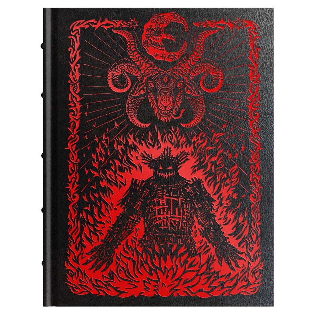 Black notebook with red and black illustration of a creature and moon on cover