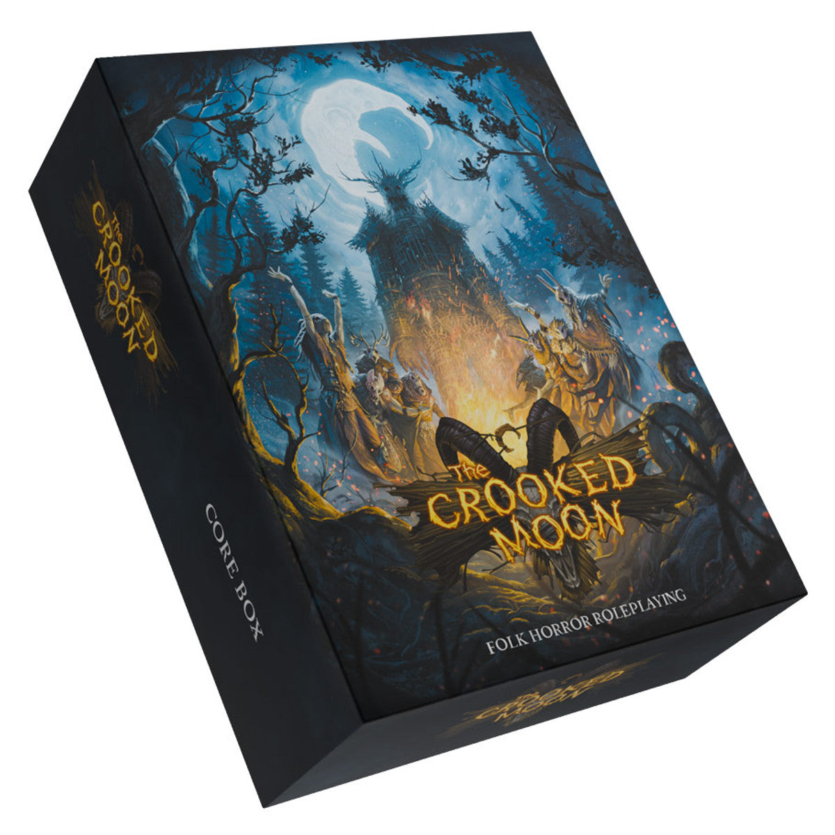 Box for 'The Crooked Moon' folk horror roleplaying game with a dark fantasy design.